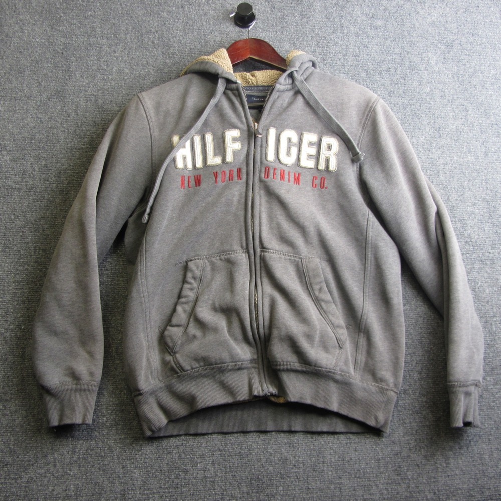 Tommy Hilfiger Full Zip Sherpa Hoodie Womens‎ Small Gray Embroidered Cozy Warm